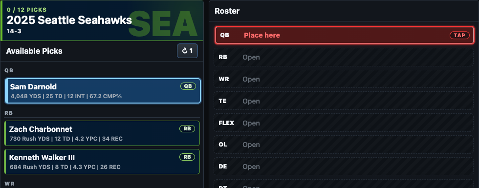 Available picks with a selected player and highlighted roster slots